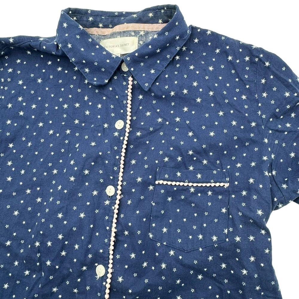 Victoria's Secret LARGE Flannel Sleep Gown Blue Pink trim Stars‎ Buttons Pocket
